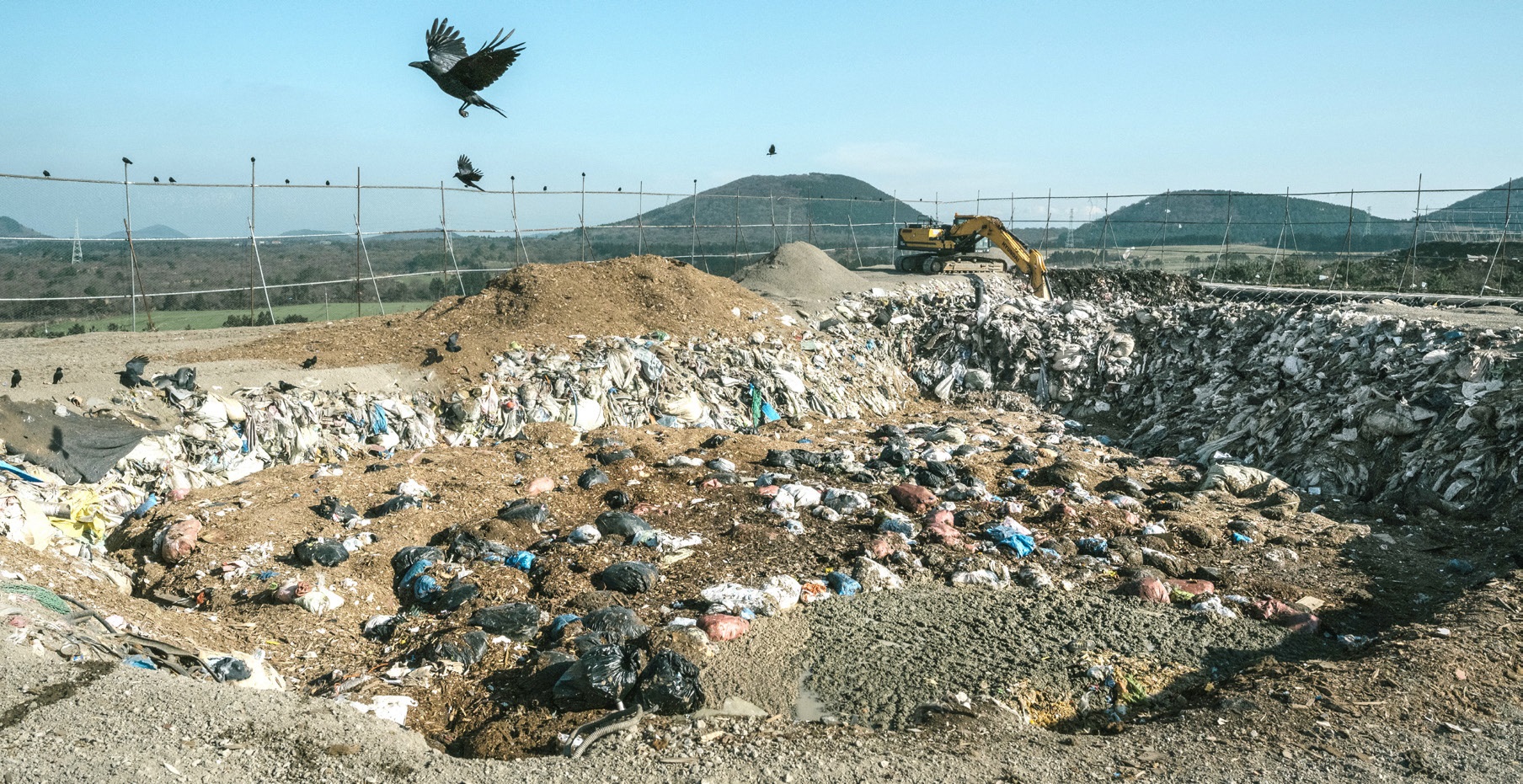 제주 봉개동 쓰레기 매립장에서 까마귀가 날아오르고 있다. 이곳 매립장은 이미 포화 상태로 1,800〜2,000t 가량의 쓰레기가 처리되지 못한 채 쌓여 있다.